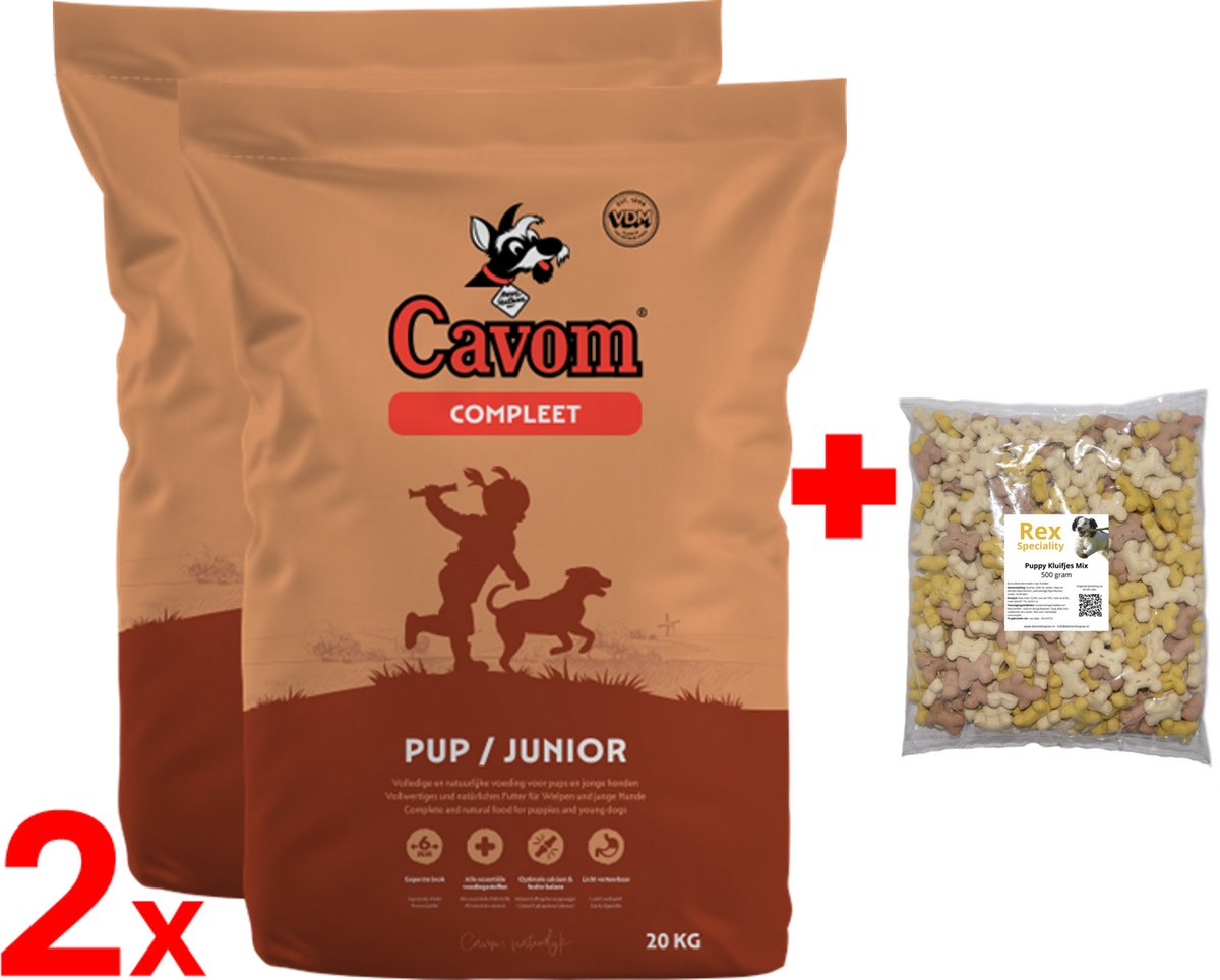 Cavom Cavom compleet Pup/Junior - geperste brokken - 2x 20kg met puppykluifjes
