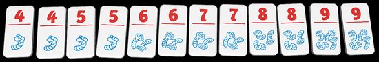 Tien kaarten met nummers 4 t/m 9 en afbeeldingen van één tot zes wormen.