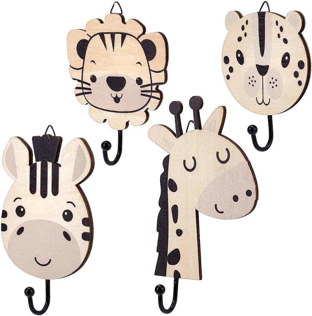 Decoratieve houten wandhaken voor safaridieren - Set van 4 haken voor slaapkamer en badkam
