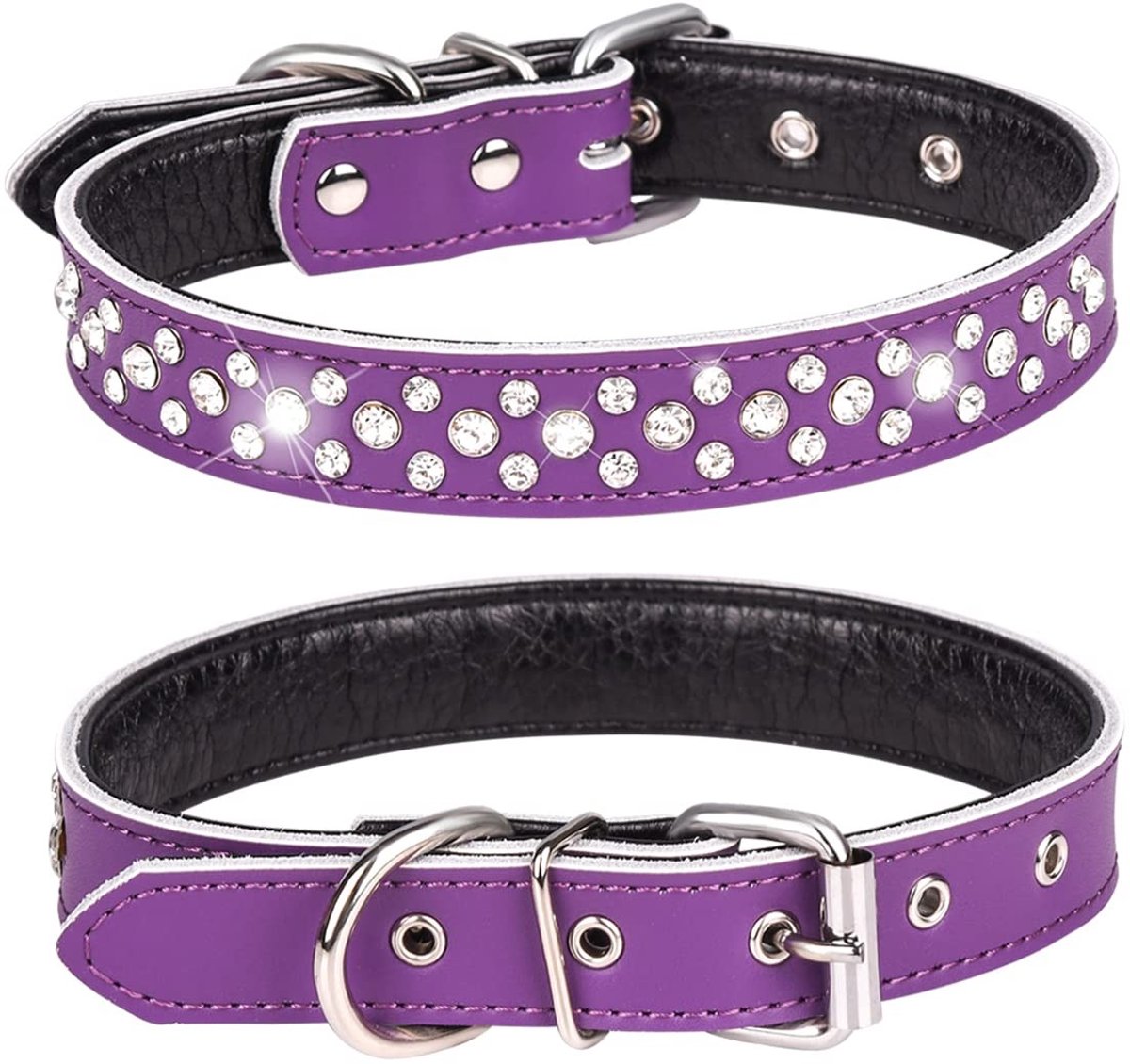 aladdien - Hondenhalsband met strasssteentjes - Verstelbare leren halsband - Paars - Glinsterende kristallen voor honden - Geschikt voor kleine en m..