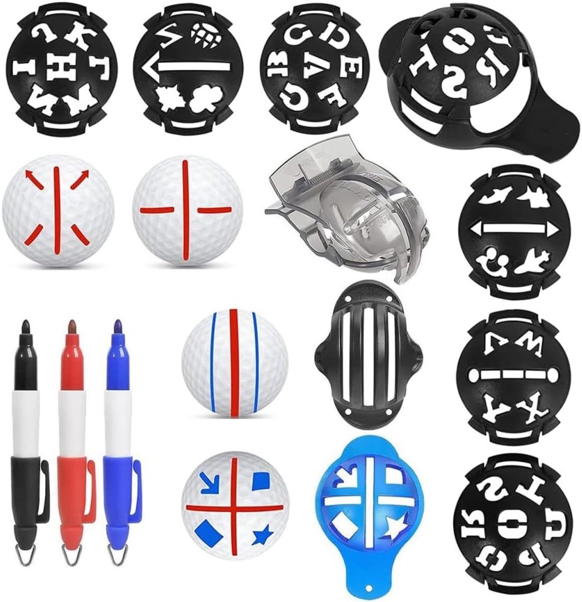 Golf Ball Marker Set met 12 Stuks, Inclusief 6 Templates en 3 Markers voor Perfecte Uitlijning en Coating van Golfballen