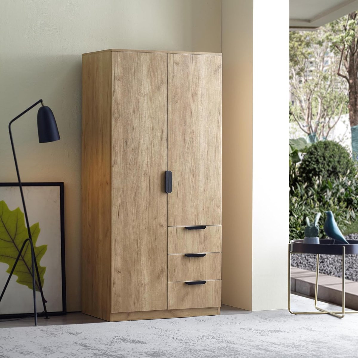 [en.casa] Wardrobe Eiselfing 176x80x52cm with 4 compartments and 3 drawers two-door mdf oak