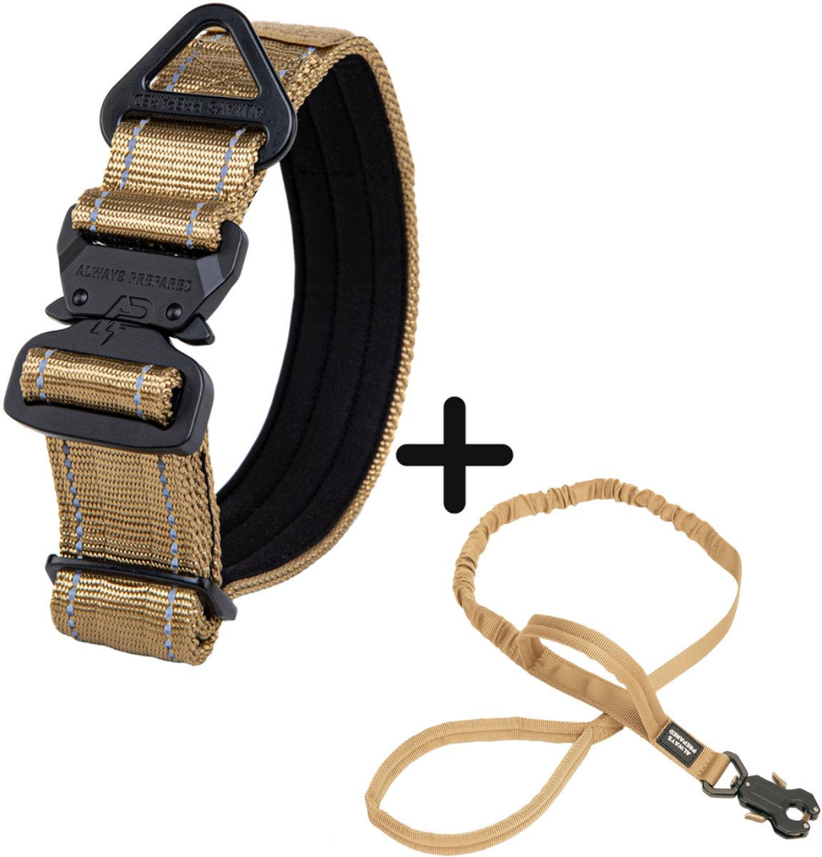 Always Prepared® Compact Combi Deal - Halsband + Riem - Set voor Middel en Grote Honden – Khaki Reflecterend