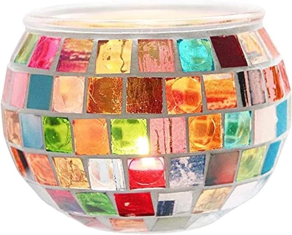 Mozaïek Kandelaar - Glazen Houder - Romantisch Diner - Marokkaanse Stijl - 10.5 cm Diameter - Veelkleurig