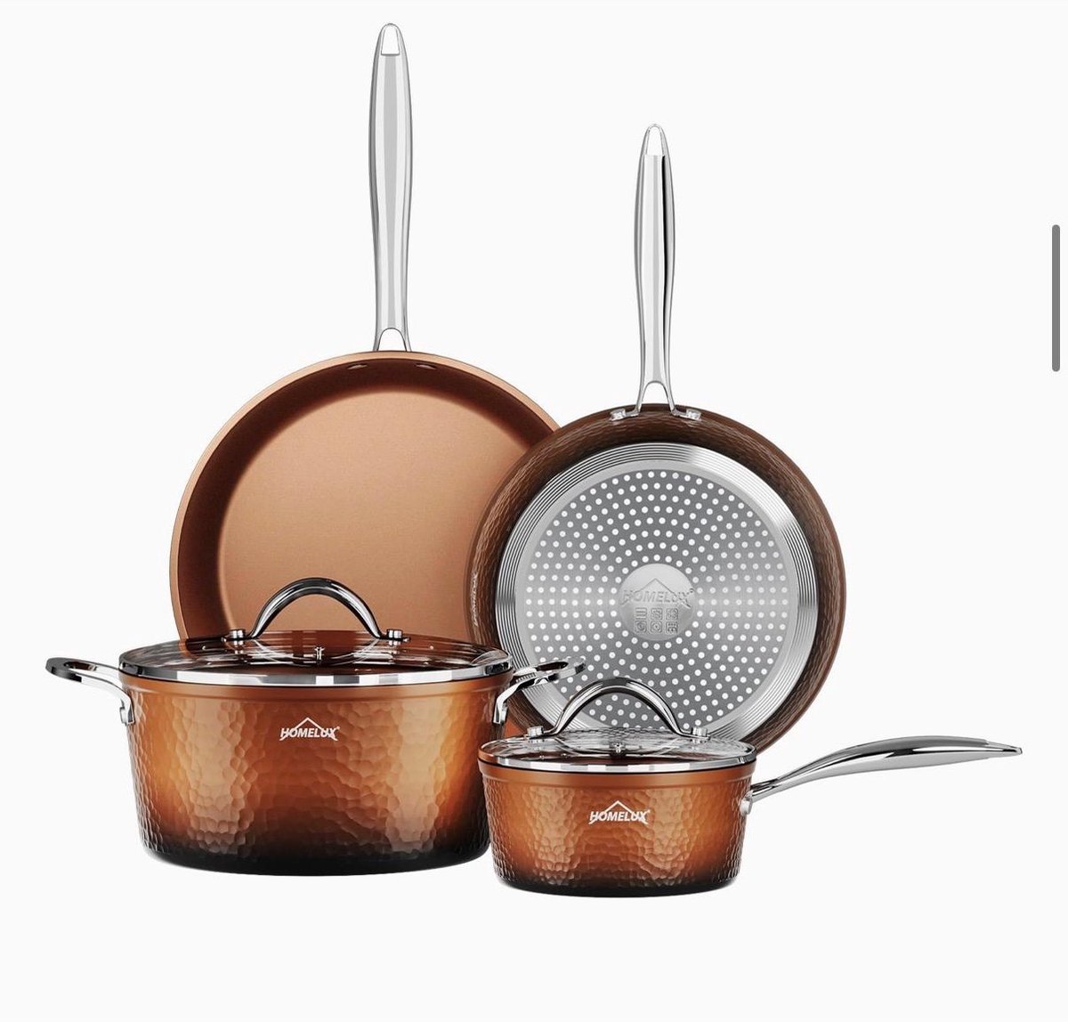 HOMELUX Pannenset Kookpottenset 6-delig, Inductie Pannenset met Deksel, Antiaanbaklaag, Gesmeed Kookgerei Set, Kookpottenset voor Alle Kookplaten, bruin
