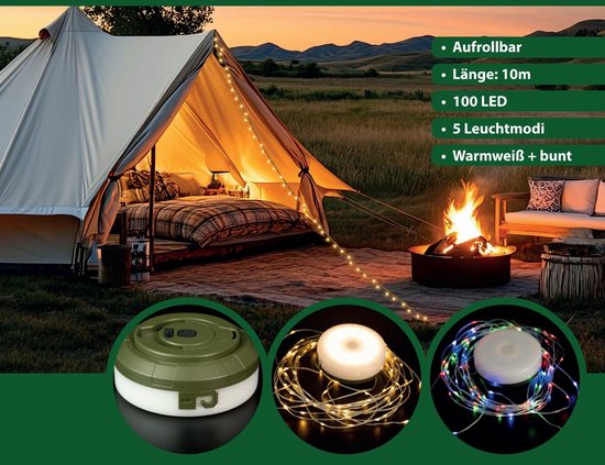 Kynast Campinglamp met 10 Meter Oprolbare Lichtsnoer 130 LED USB Oplaadbaar IP44 Warmwit en RGB Verlichting — afbeelding 3