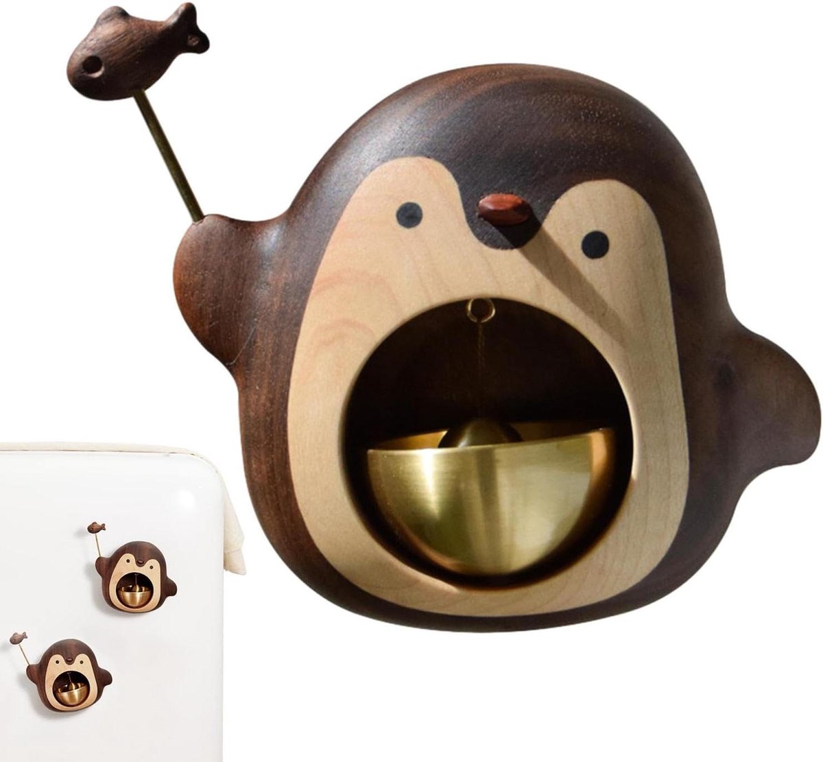 Deurbel met Pinguïn - Deurklok Hout - Entree Verfraaien - Magnetische Bevestiging - 10 x 10.5 cm - Houtkleur