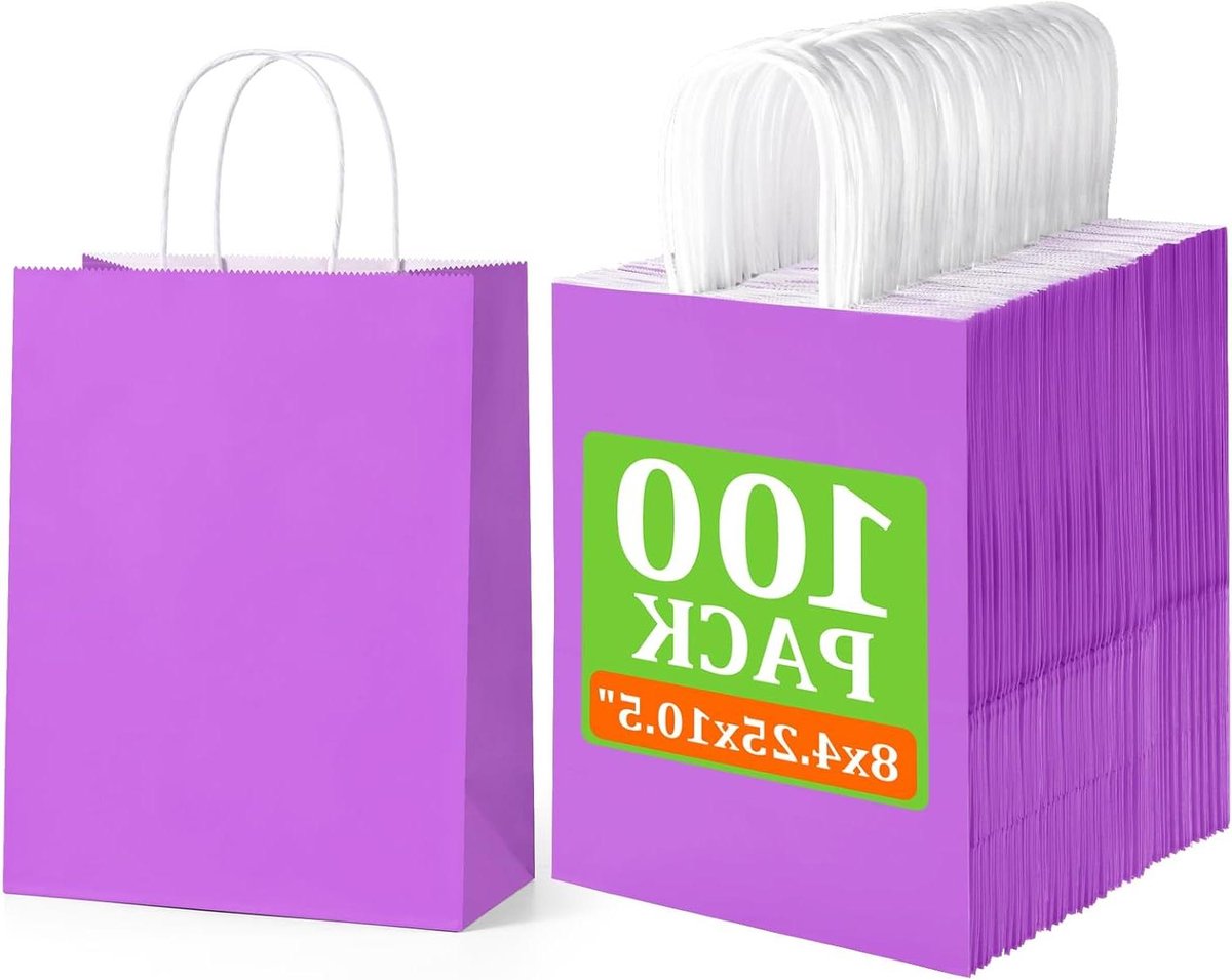 Papieren geschenkzakken - Kraft zakken - Cadeaus verpakken - Met handvatten - 100 stuks - Paars