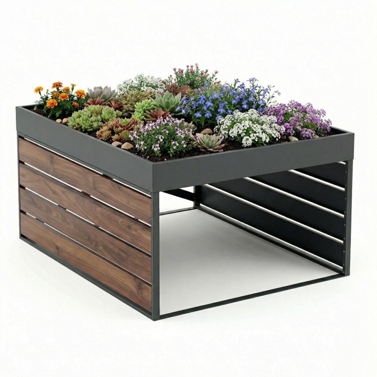 CASABEL Robotmaaier garage van gegalvaniseerd staal in zwart en houtlook met plantenbak op het dak, 82×70×43 cm, universeel