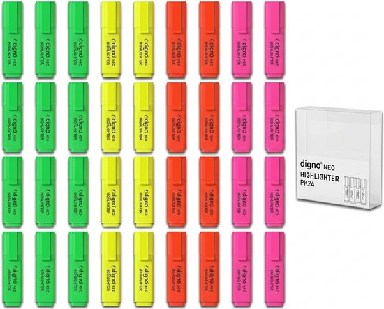 24 Digno Neo highlighters in pastelgroen, geel, oranje en roze, georganiseerd in rijen.