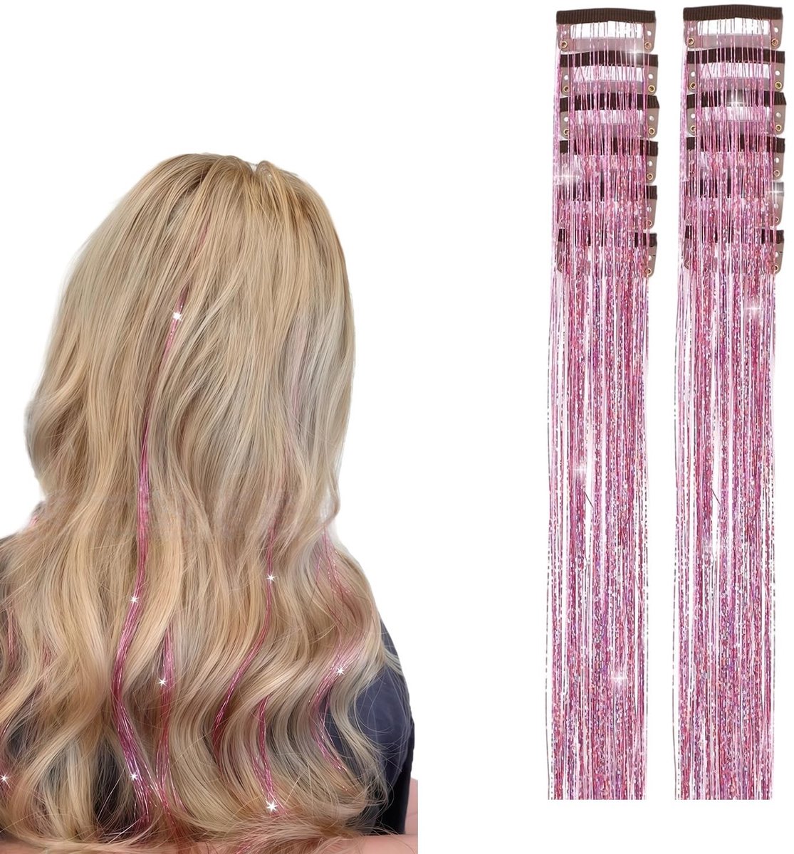 Dailygoods- Haarverlengingen Set van 12 - Clip-in Hittebestendige Synthetische Strengen - 55 cm - Gekleurde Glitterlokken - Voor Festivals/Themafeesten - Clip-in Haarlok
