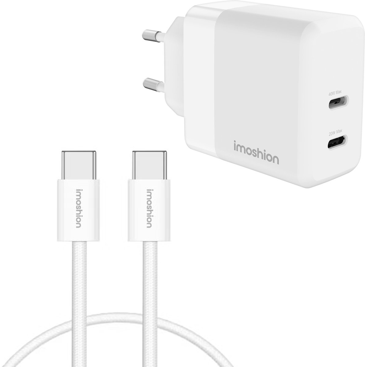 imoshion Oplader 2x USB-C 40W + USB-C naar USB-C Kabel 2 meter - Snellader