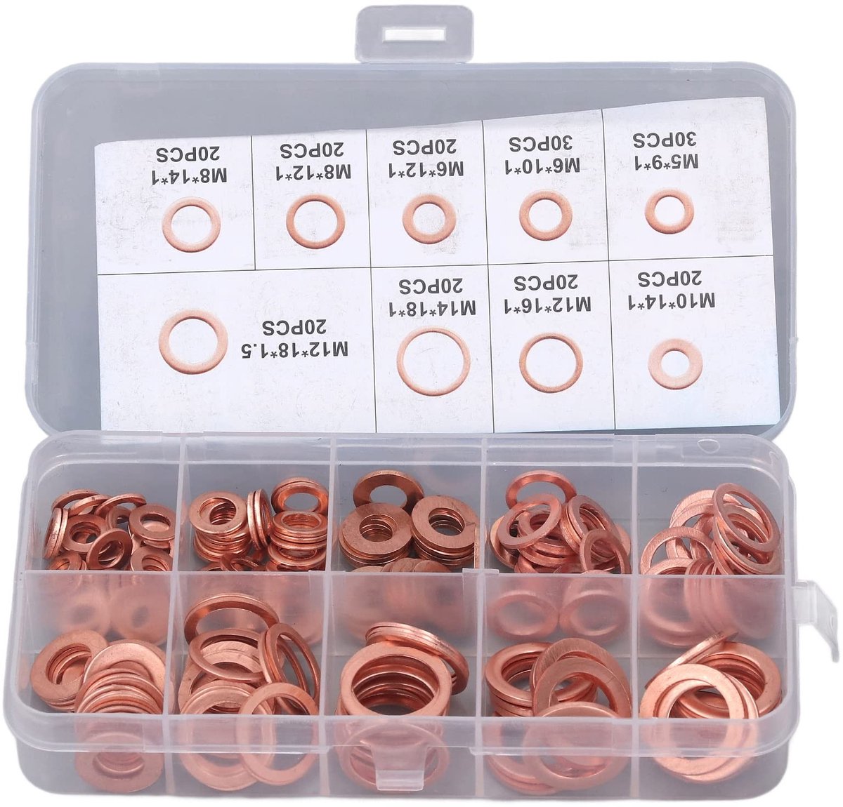 SOUQONE - Olieaftapplugpakkingen - Assortiment - Rood Koper M5-14 - 200 Stuks - Kwaliteit - Diverse Soorten - Geschikt voor Onderhoud - Handig