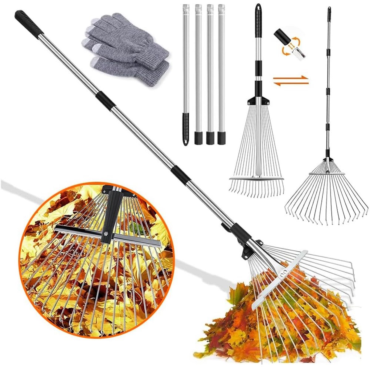 SOUQONE- Bladhark Verbreed 22-44 cm - Tuinhark met 2,15 m Verstelbare Stang - Bladbezem - Metalen Waaierbezem - Handschoenen - Voor het Reinigen van Tuin en Gazon