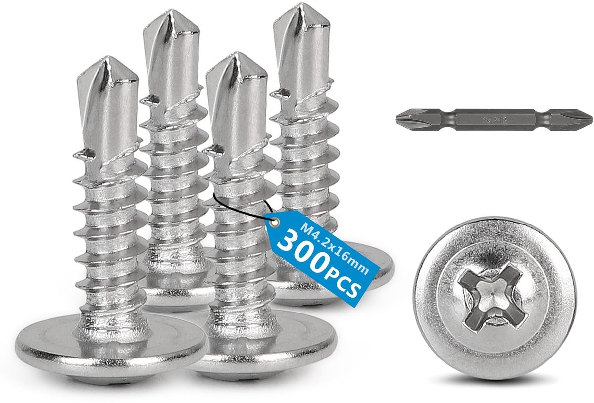 SOUQONE- Zelftappende Schroeven 300 Stuks - M4,2 x 16 mm - Platte Kop - Roestvrij Staal - Boorschroeven - Voor Hout/Kunststof
