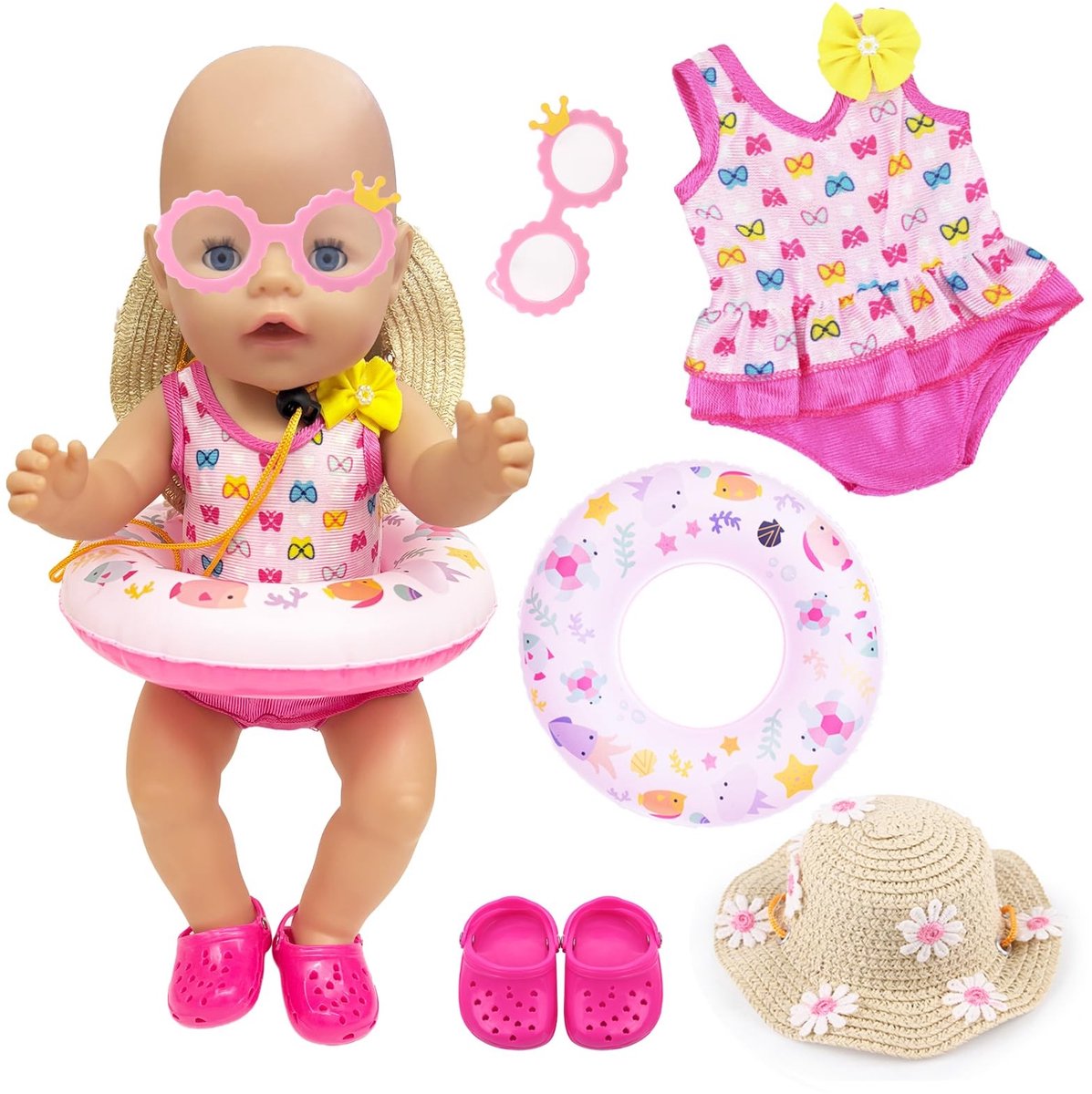 SOUQONE- Zwemset voor poppen - Vlinderbadpak - Zwemring (21 cm) - Zonnebril - Badschoenen - Roze zonnehoed - Poppenkleding