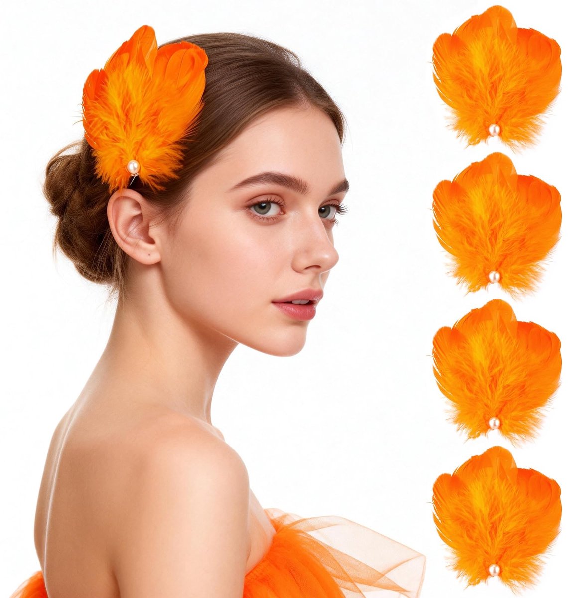 Dailygoods- Verenhaarsieraden 4 Stuks - Oranje Hoofdsieraad - Natuurlijke Veren - Bruidsaccessoire - Cosplay - Feestdecoratie - Haarsieraad