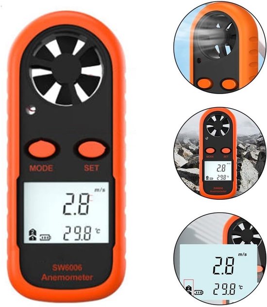 Windsnelheidsmeter - Digitale Anemometer - Weersomstandigheden Meten - Ingebouwde Temperatuurmeter - 108 x 39 x 20 mm - Zwart Oranje — afbeelding 5