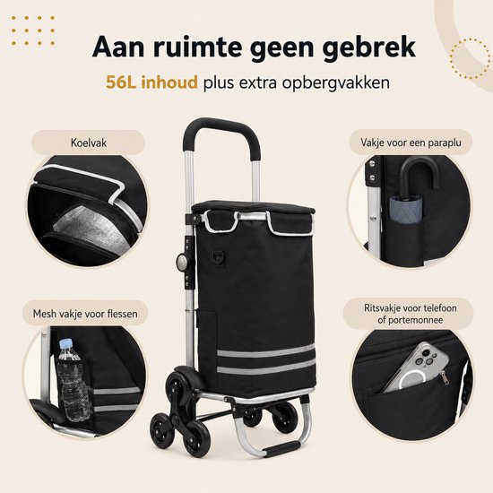 Chariot de courses Latium à 3 Roues - Chariot de courses pliable avec compartiment réfrigérant - Chariot avec sac de courses amovible - Chariot de courses pliable avec rampe d'escalier - Zwart