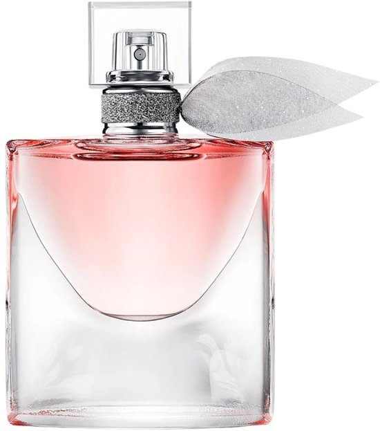 Lancôme La Vie est Belle Eau de Parfum in een glazen fles met een zachtroze parfum en een zilverkleurige strik.