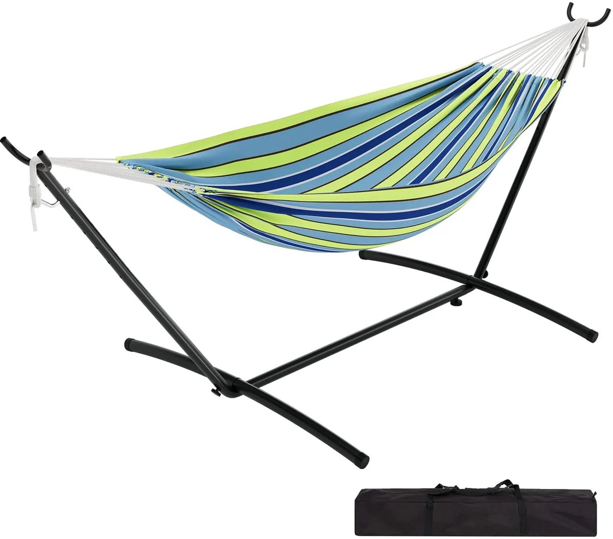 Noventra hangmat met standaard-hangmat standaard-hangmat-320x150x100 cm-hangmat 2 persoons- staal-polyester/katoen-blauw/groen-