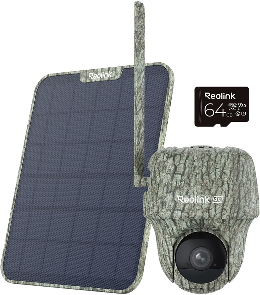 Reolink Batterij PT Wildcamera 4G LTE - Dierdetectie en -Herkenning - 4K 360°-Beeld - Go Series G450 met Zonnepaneel 2 + 64GB SD-kaart