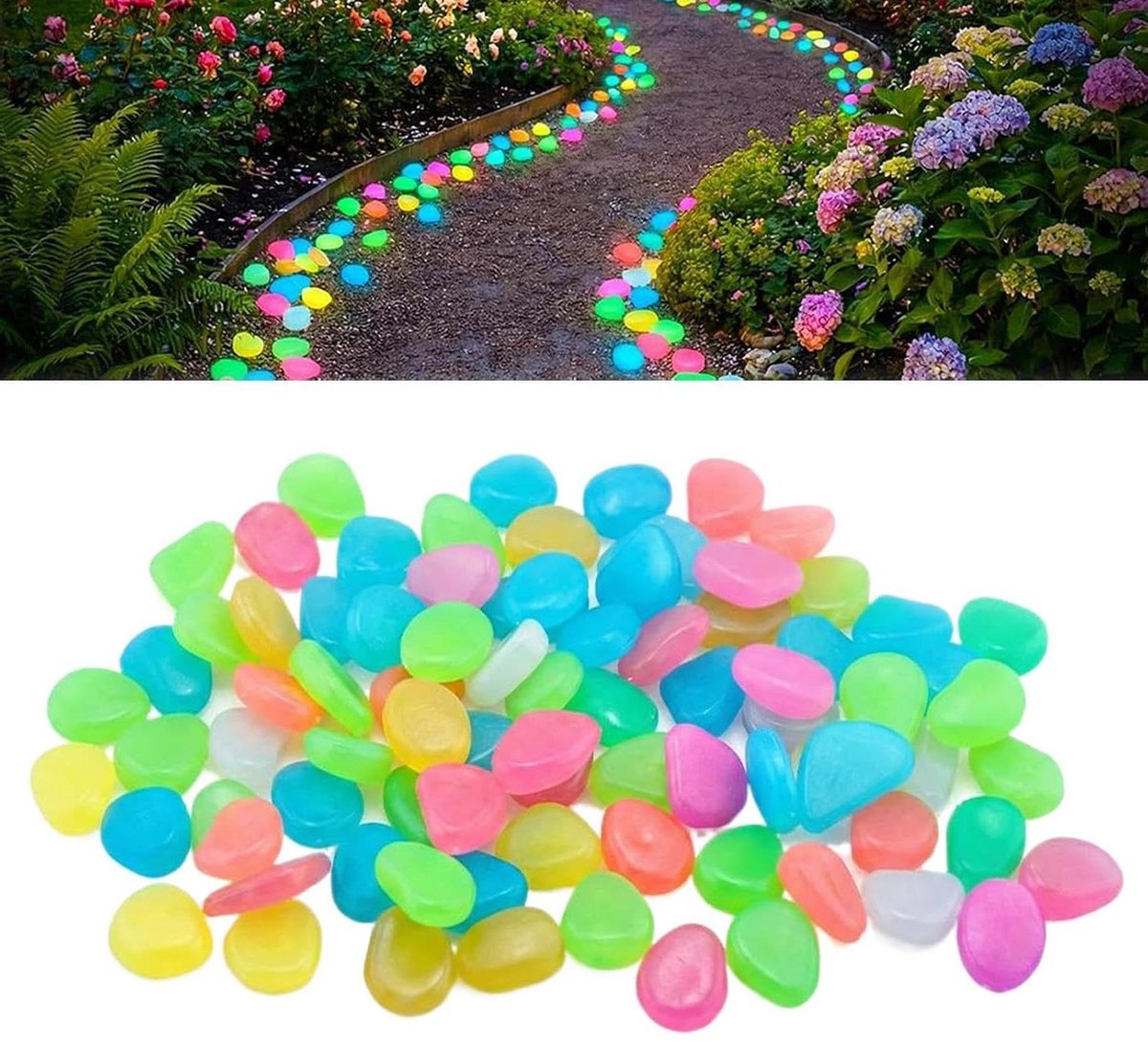 Gloeiende Tuin Kiezelstenen - Lichtgevende Steentjes - Nacht Decoratie - Absorbeert Zonlicht - Ongeveer 500g - Veelkleurig