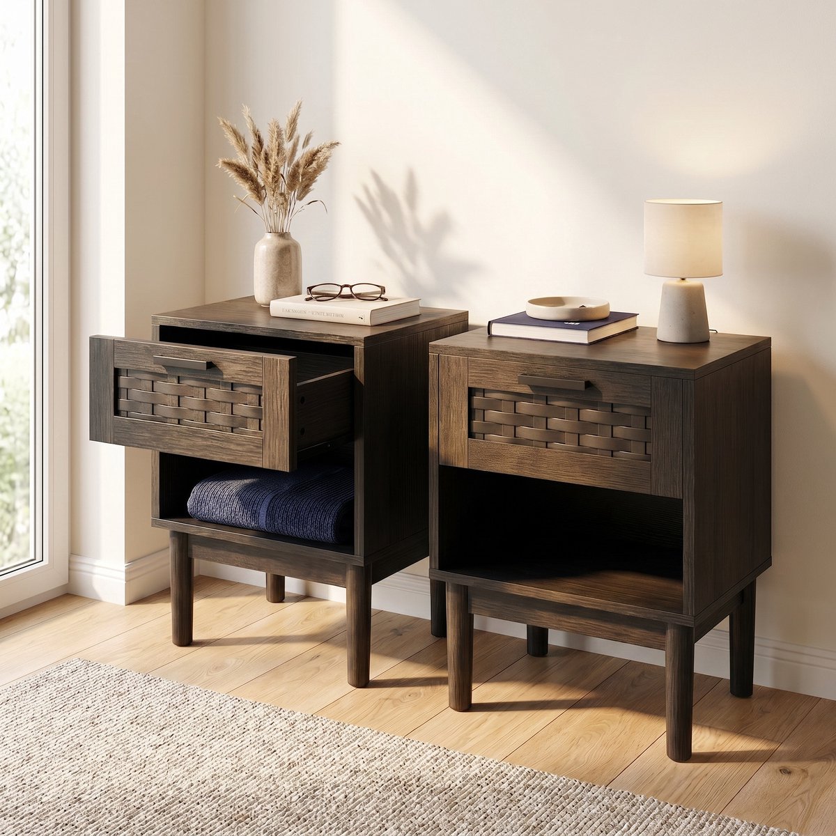 Set van 2 Nachtkastjes - 40x30x55cm - met Lade en Open Vak - Hout en Metaal - Rattan Stijl - Zwart