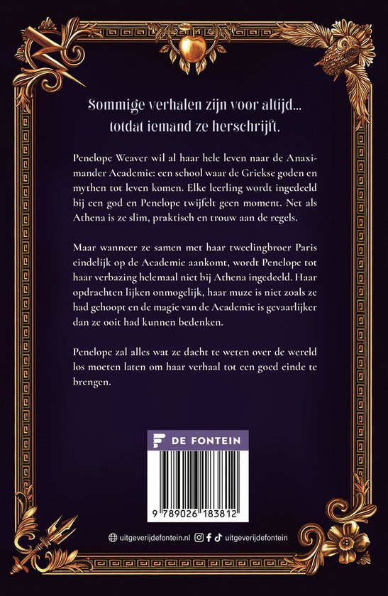 Boekcover met gouden versieringen en tekst: 'Sommige verhalen zijn voor altijd... totdat iemand ze herschrijft.'