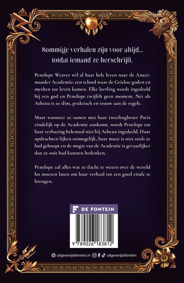 Boekcover met gouden versieringen en tekst: 'Sommige verhalen zijn voor altijd... totdat iemand ze herschrijft.'