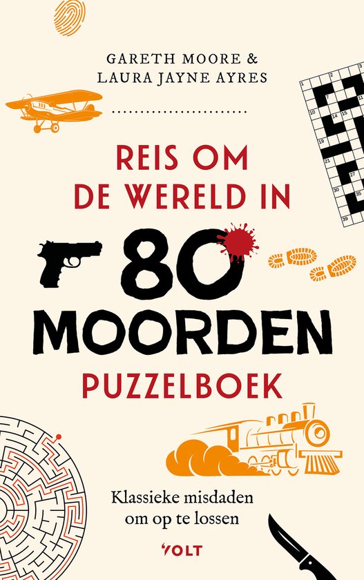 Boekcover met de titel 'Reis om de wereld in 80 moorden puzzelboek'. Illustraties van een vliegtuig, pistool, voetafdrukken, trein en doolhof.