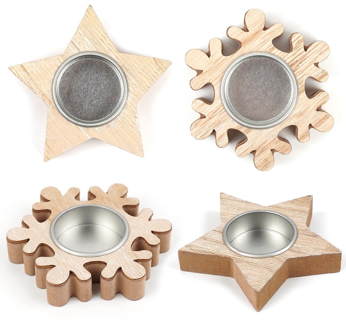 JHUBERS- Theelichthouder Set van 4 - Houten Kaarsenhouders - Ster/Sneeuwvlok Vorm - Kerstdecoratie - Romantisch Design - Premium Kwaliteit - Kaarsenhouder