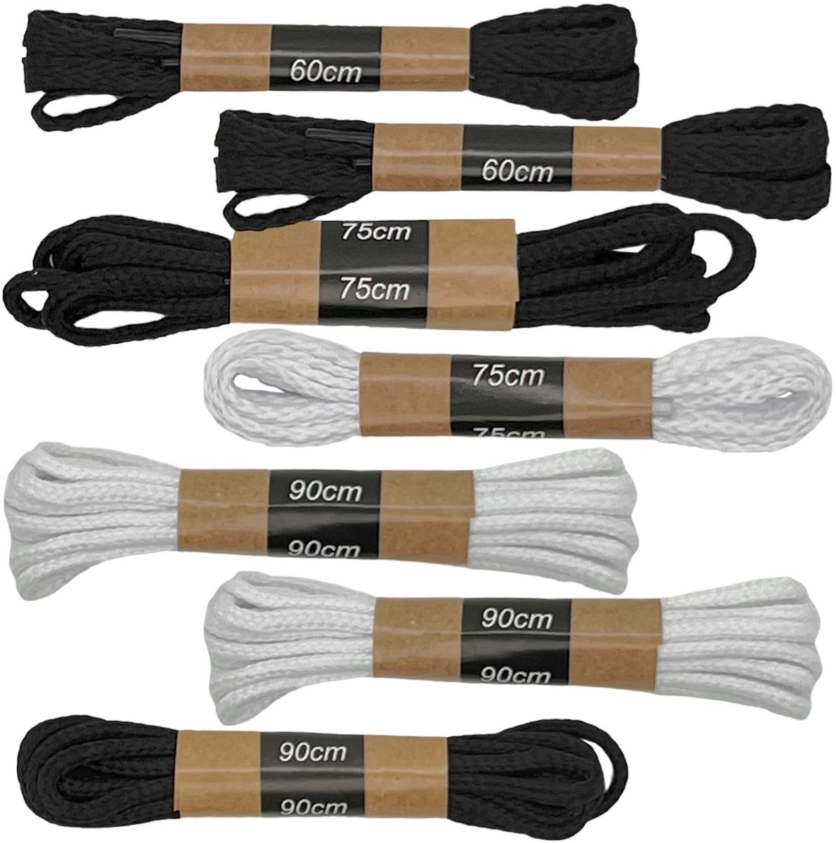 JHUBERS- Veters Set 7 Paar - Plat/Rond - Scheurvast - Polyester - 60/75/90 cm - Zwart/Wit - Geschikt voor Sneakers/Sportschoenen - Schoenveters