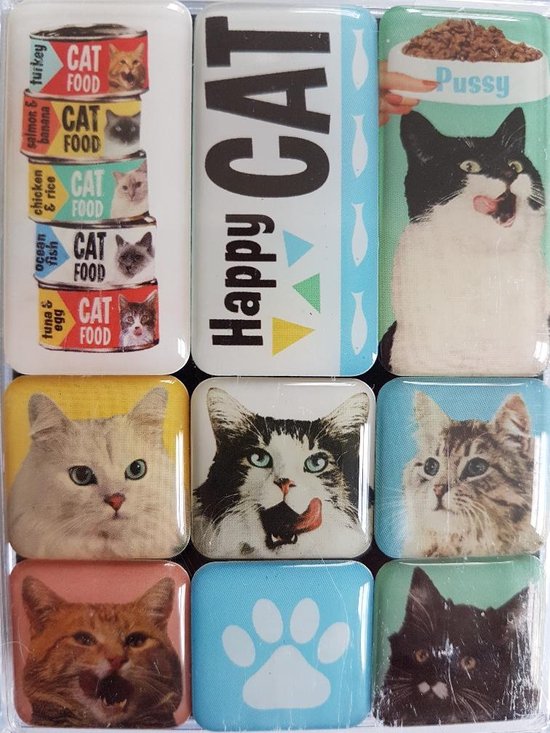 Nostalgic Art Magneet - Happy Cat - Magneet Set met 9 Magneten met poes/kat afbeeldingen