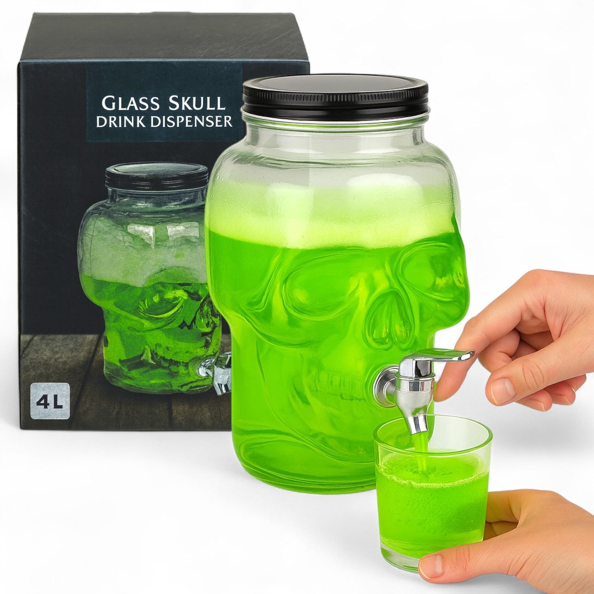 Dailygoods- Drankdispenser 4 liter - Doodskop - Glazen dispenser - Tapkraan - Feestdecoratie - Robuust en duurzaam - Drankhouder