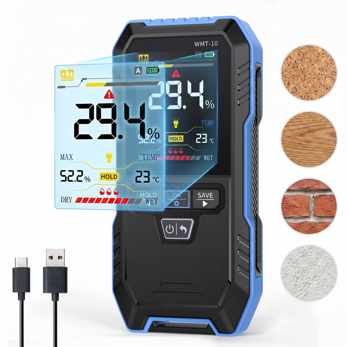 Fokelyi Vochtmeter muren - Vochtigheidsmeter - Vochtmeter voor Hout & Muren - Digitale Vochtmeter - Pinloze Houtvochtmeter - 2.4 kleurenscherm - Automatische uitschakeling
