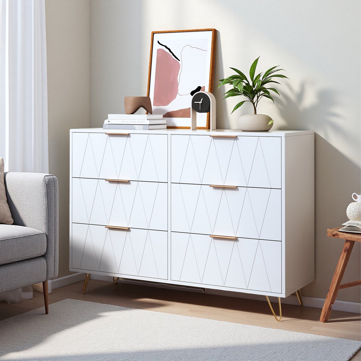 ROSAHQNDA Ladekast - Opbergkast met 6 lades - Moderne stijl - Geschikt voor woonkamer, slaapkamer, hal - Wit