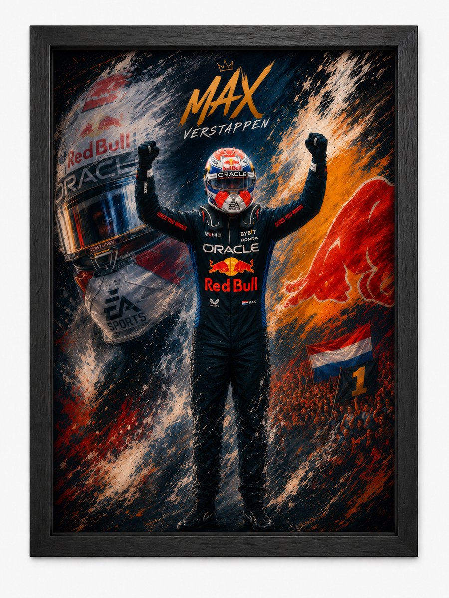 Max Verstappen Art Poster | Formule 1 Kampioen | Inclusief Zwarte A4 Lijst