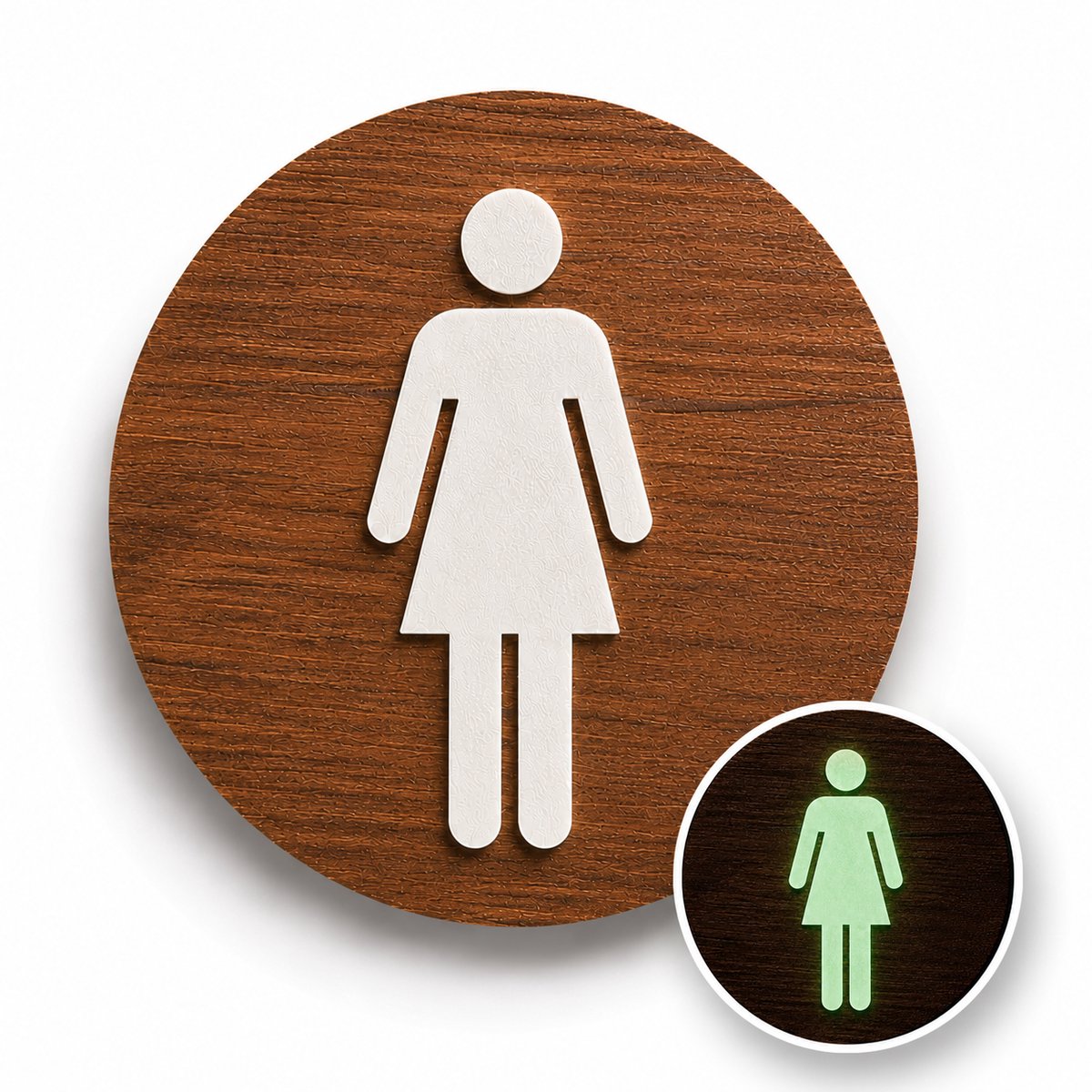 Zelfklevende houten GLOW IN THE DARK toilet sticker – WC bordje met vrouw pictogram – Rond hout design Ø10 cm Walnoot look – Eenvoudig te bevestigen - dames toilet