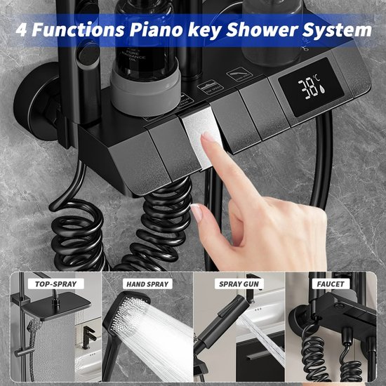 Zwart douchepaneel met 4 functies: top-spray, hand spray, spray gun, faucet. Digitale display.