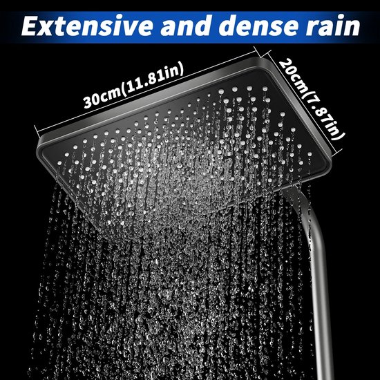 Zwarte douchekop 30x20cm met intensieve, dichte regenstraal.