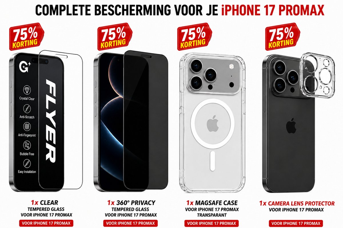Beschermingsset voor iPhone 17 Pro Max met hoesje, HD screenprotector, privacy screenprotector en cameralens protector.