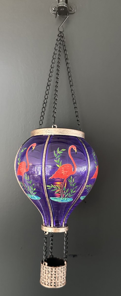 Decoratieve solarlamp luchtballon " met flame LED " - flamingo print paars - kunststof - hangend model - hoogte 37x dia 11 cm - Tuindecoratie - Tuinverlichting
