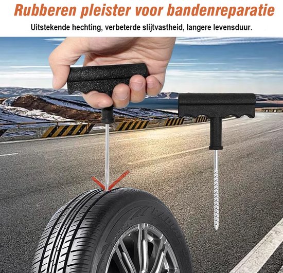 Hand gebruikt bandenreparatiemiddel met gereedschap op een autoband. Rubberen pleister voor bandenreparatie.