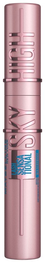 Gesloten roze mascara, deksel met 'HIGH' en busje met 'SKY'.
