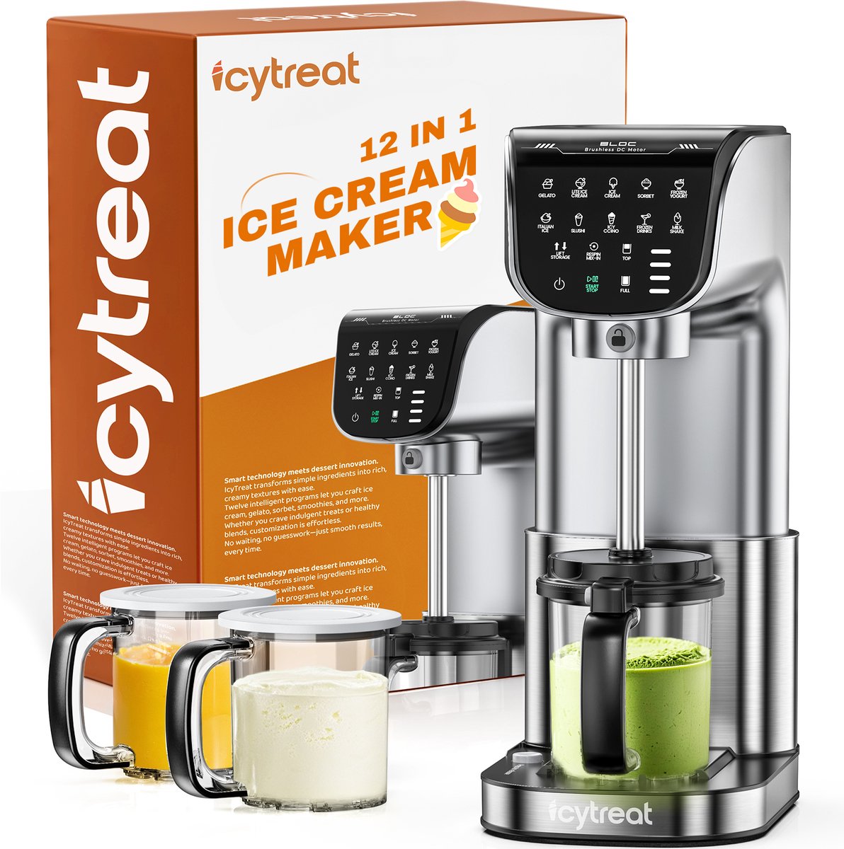 OLOEY 12-in-1 ijsmachine-voorzien van 12 vooraf ingestelde programma's met één druk op de knop-geschikt voor het bereiden van gelato-slushies-sorbet en meer-wordt geleverd met 3 containers-geschikt voor gezinsgebruik en feestjes