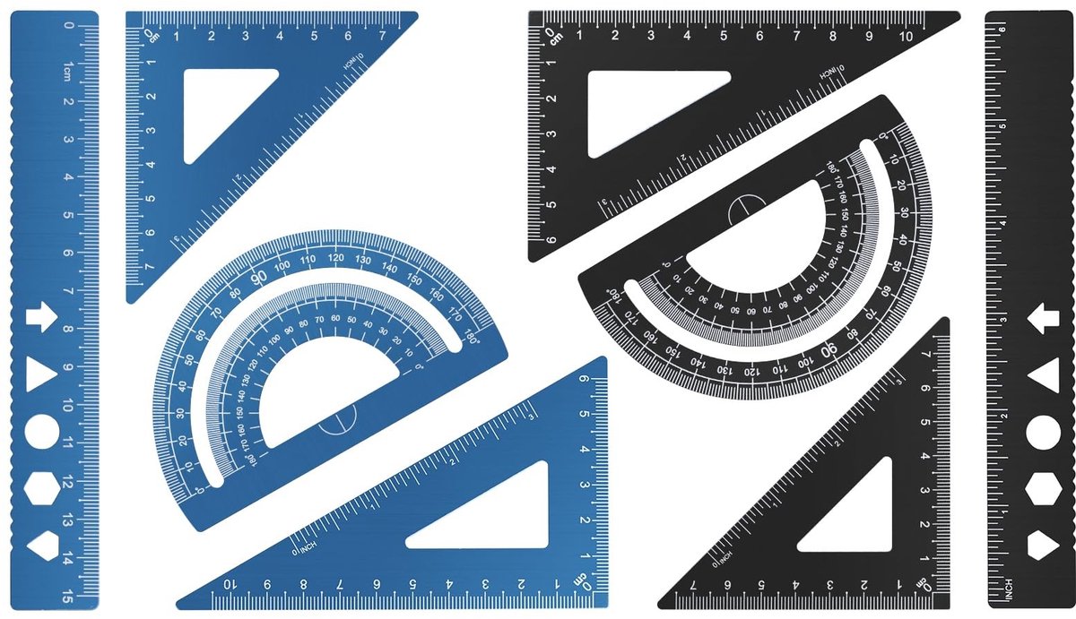 BRENZOOS- Geometrieset 8-delig - Aluminium Legering - Linialen - Hoekmeters - Geodriehoeken - Opbergdoos - Lichtgewicht en duurzaam - Meetlat