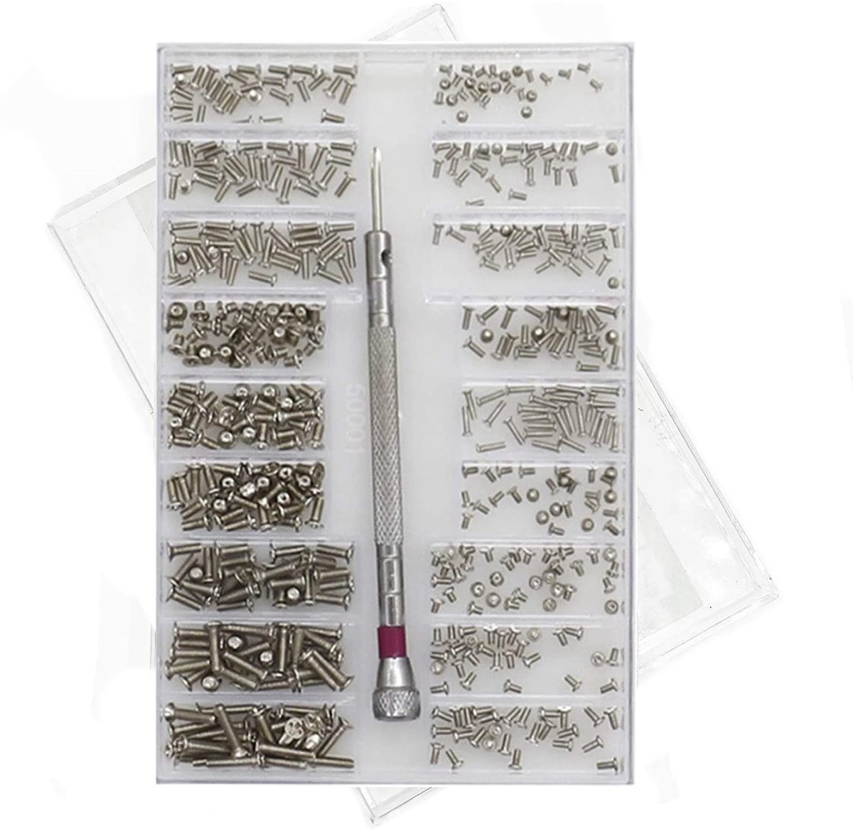 BRENZOOS- Micro-Schroeven 500 Stuks - Assortimentsdoos - Mini-Schroevendraaier - Geschikt voor Brillen/Horloges - Duurzaam Koolstofstaal - Multifunctioneel - Schroevenset