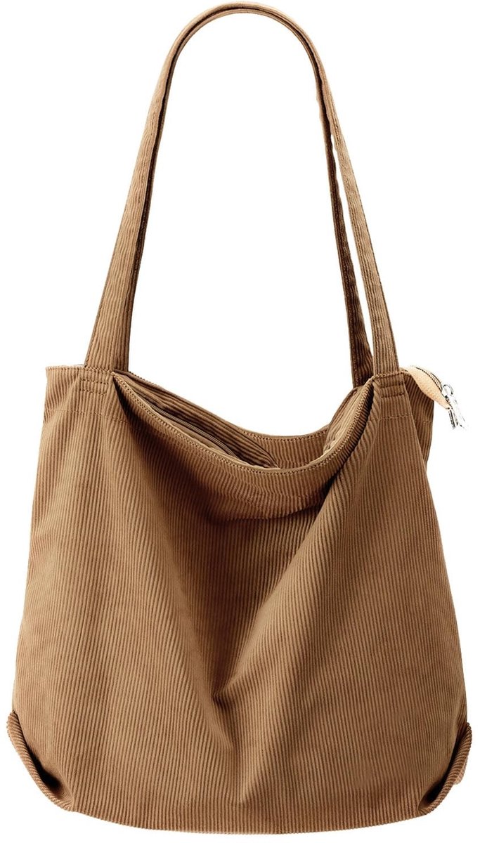 BRENZOOS- Corduroy Tas Grote Shopper - Schoudertas - Dagtas - Zipper Tas - Handtas - Geschikt voor School/College
