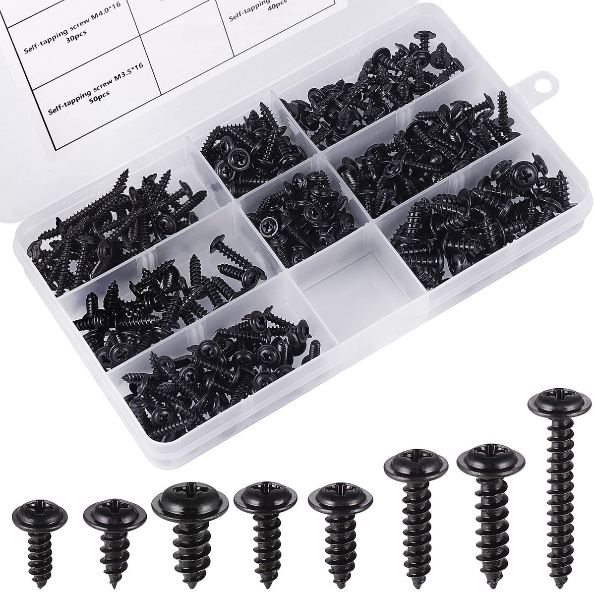 BRENZOOS- Plaatschroeven 350 Stuks - Assortiment M3/M3,5/M4 - Platte Kop - Koolstofstaal - Kunststof Doos - Goede Kwaliteit - Schroeven